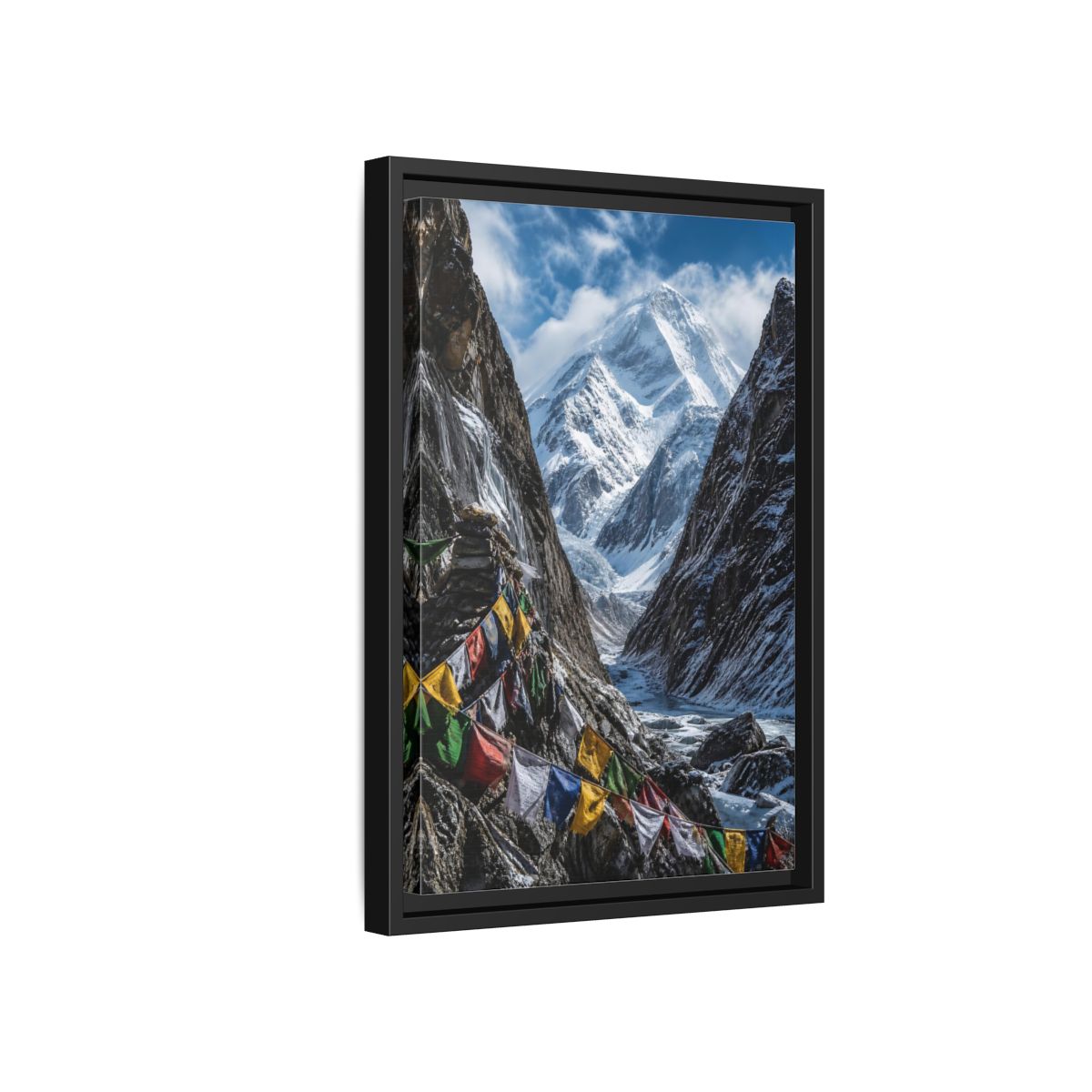 Side Mockup 6. Prayer Flags & Snow Peak shown as framed canvas print