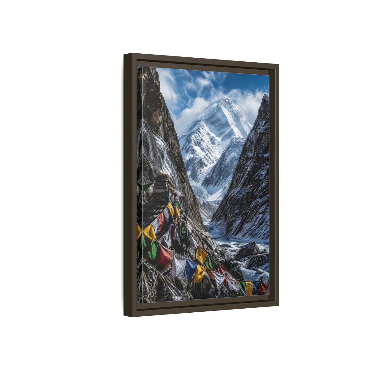 Side Mockup 5. Prayer Flags & Snow Peak shown as framed canvas print