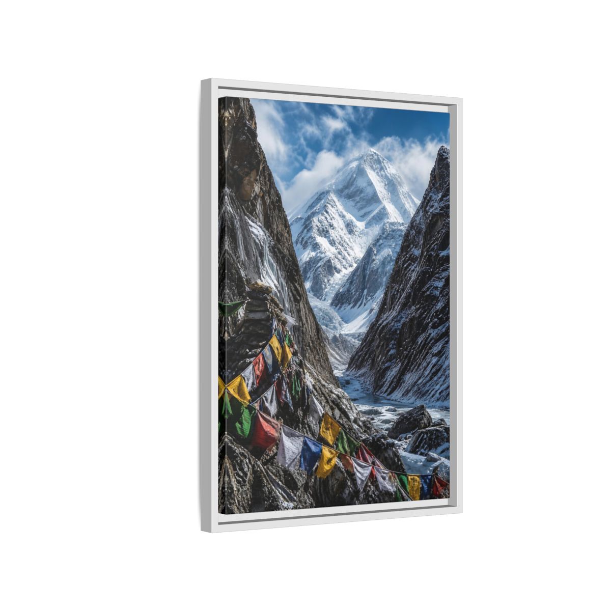Side Mockup 1. Prayer Flags & Snow Peak shown as framed canvas print
