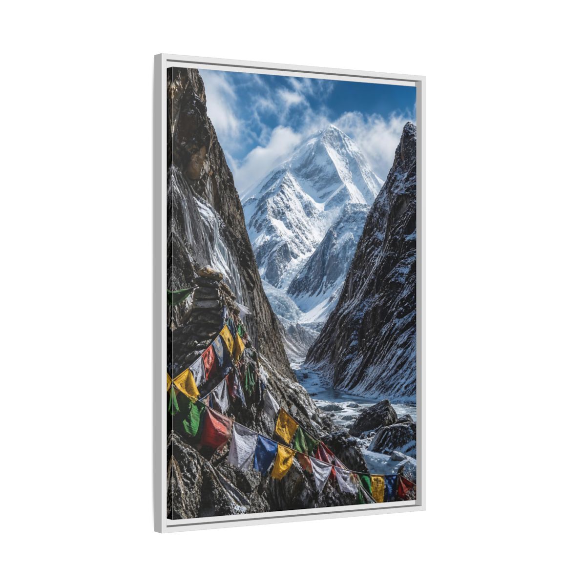 Side Mockup 9. Prayer Flags & Snow Peak shown as framed canvas print
