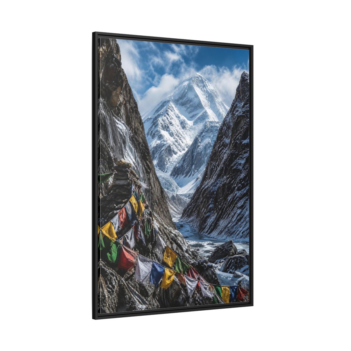 Side Mockup 12. Prayer Flags & Snow Peak shown as framed canvas print