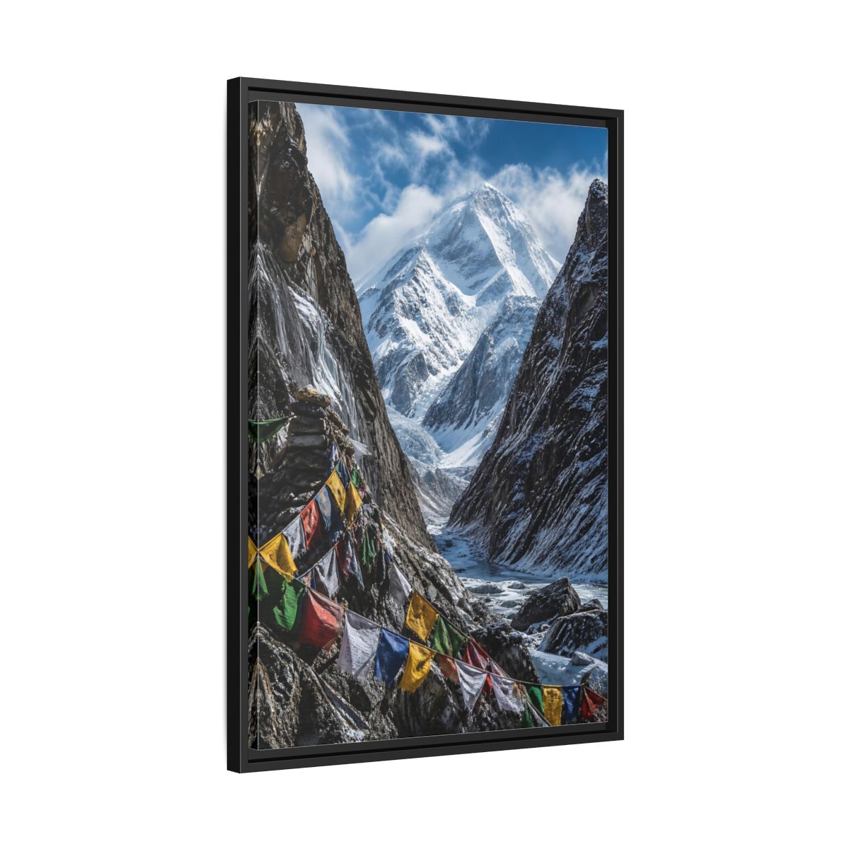 Side Mockup 14. Prayer Flags & Snow Peak shown as framed canvas print