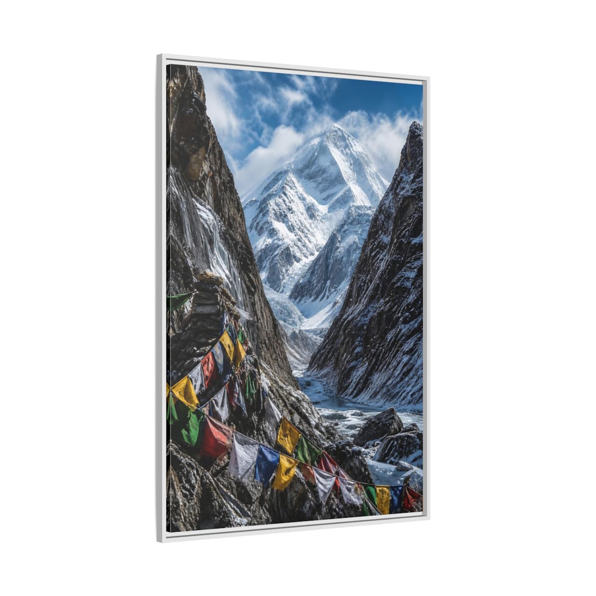 Side Mockup 7. Prayer Flags & Snow Peak shown as framed canvas print
