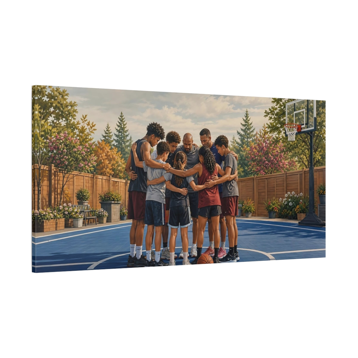 Side Mockup 2. Pre-Game Team Huddle shown as canvas print