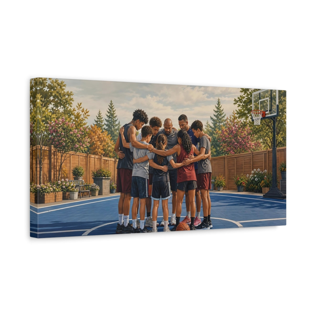 Side Mockup 3. Pre-Game Team Huddle shown as canvas print