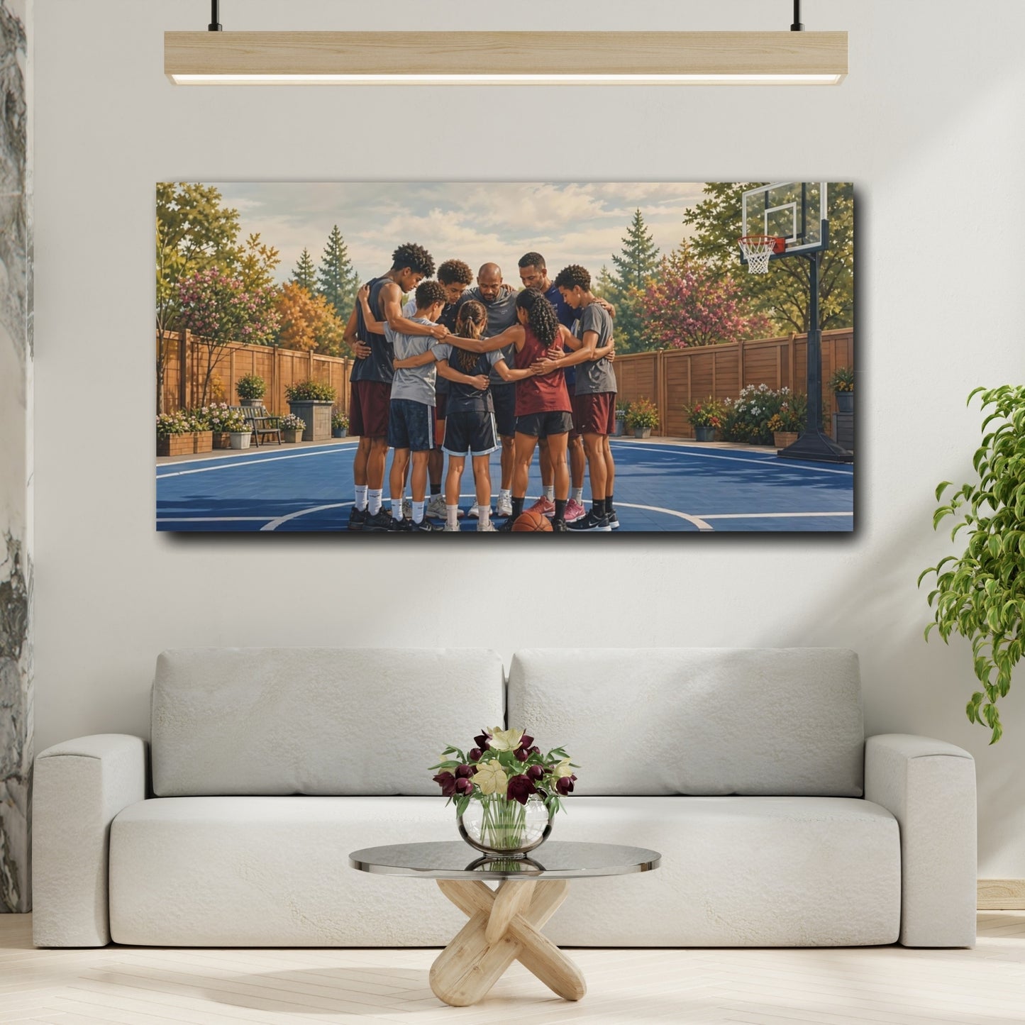 Mockup 2. Pre-Game Team Huddle shown as canvas print