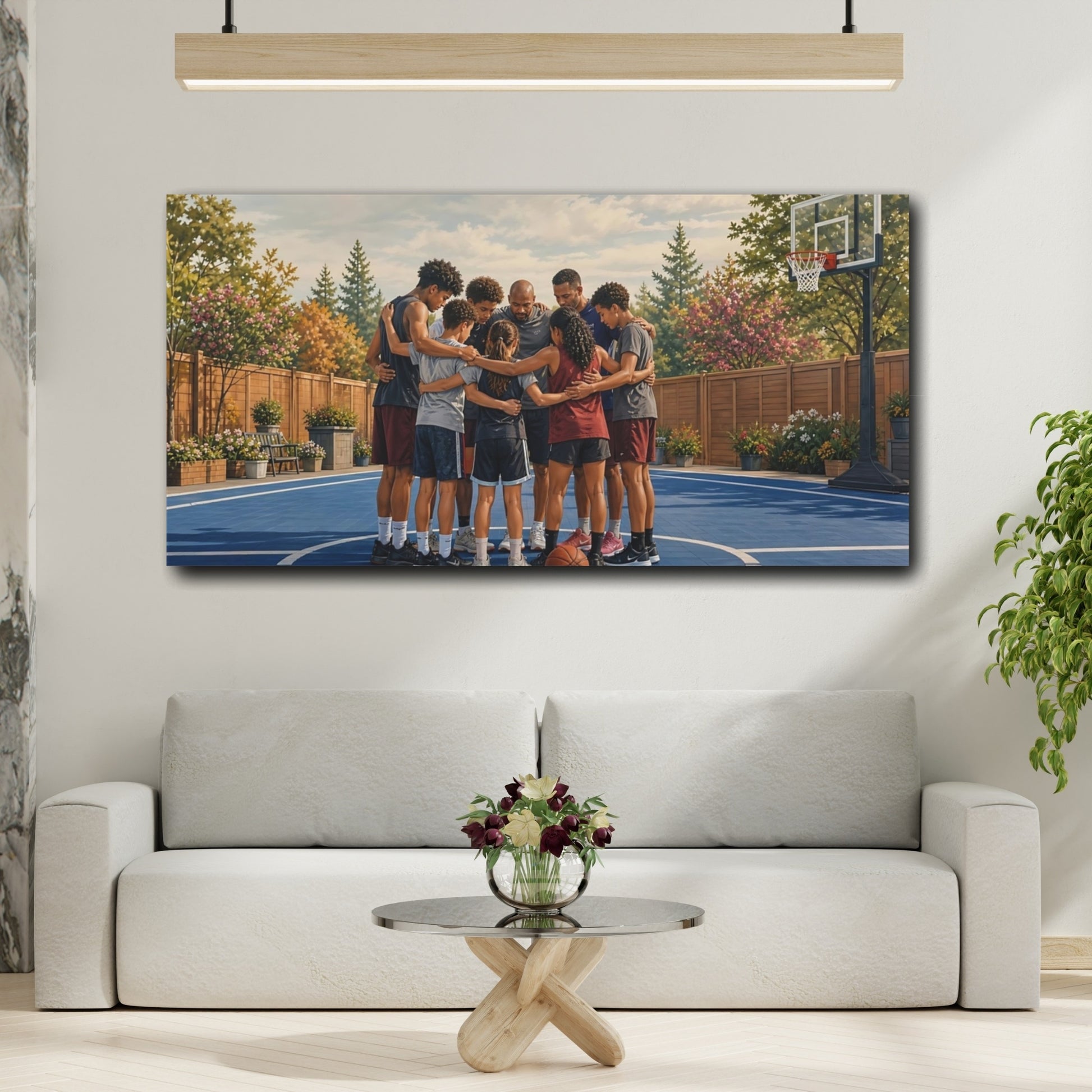 Mockup 2. Pre-Game Team Huddle shown as canvas print