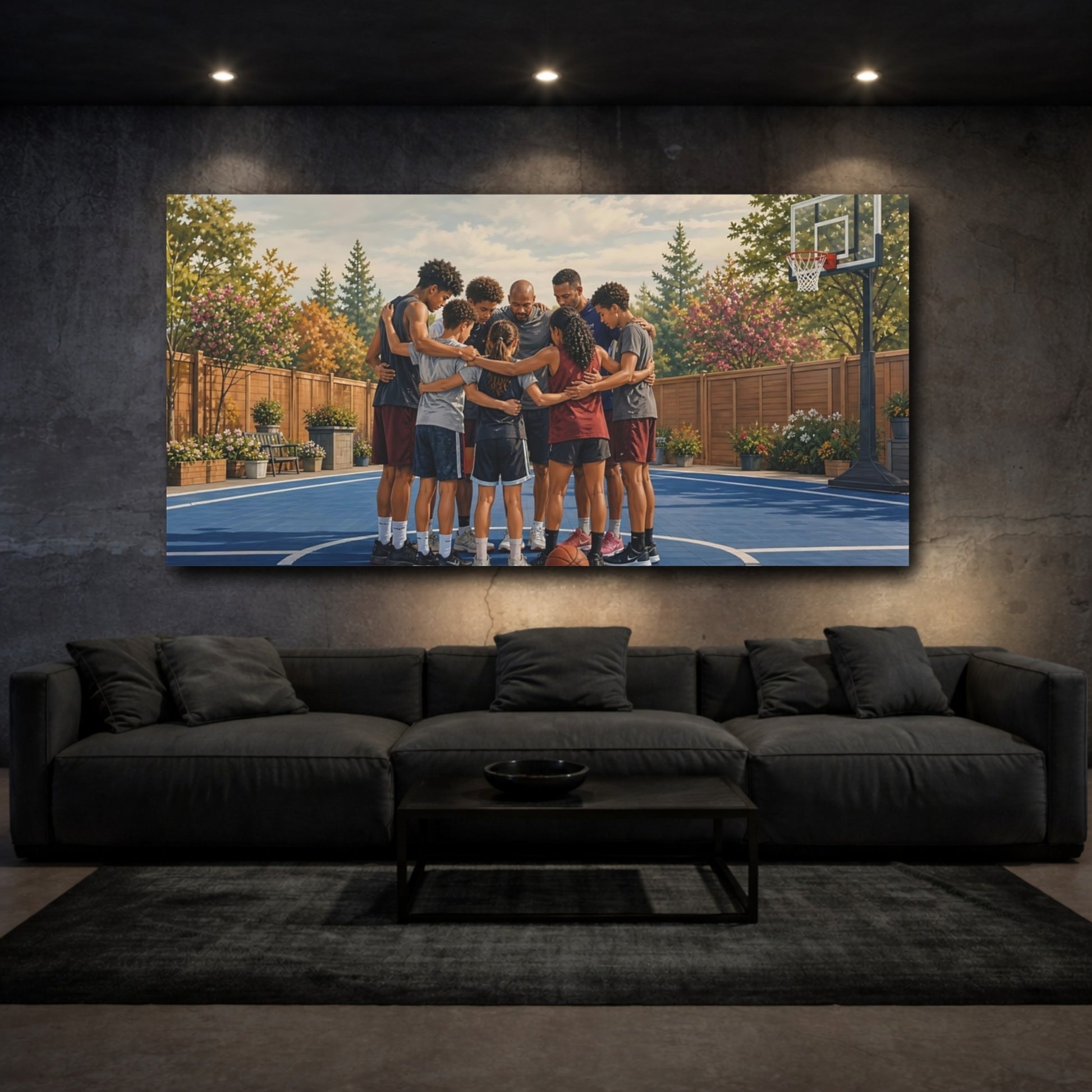 Mockup 3. Pre-Game Team Huddle shown as canvas print