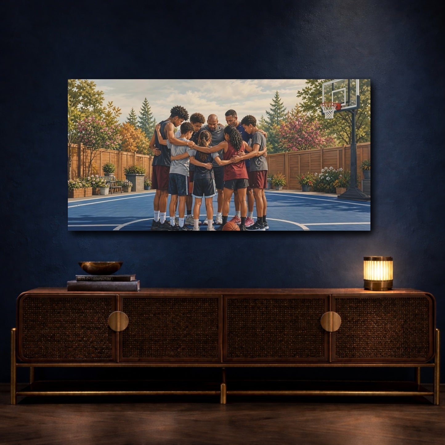 Mockup 4. Pre-Game Team Huddle shown as canvas print