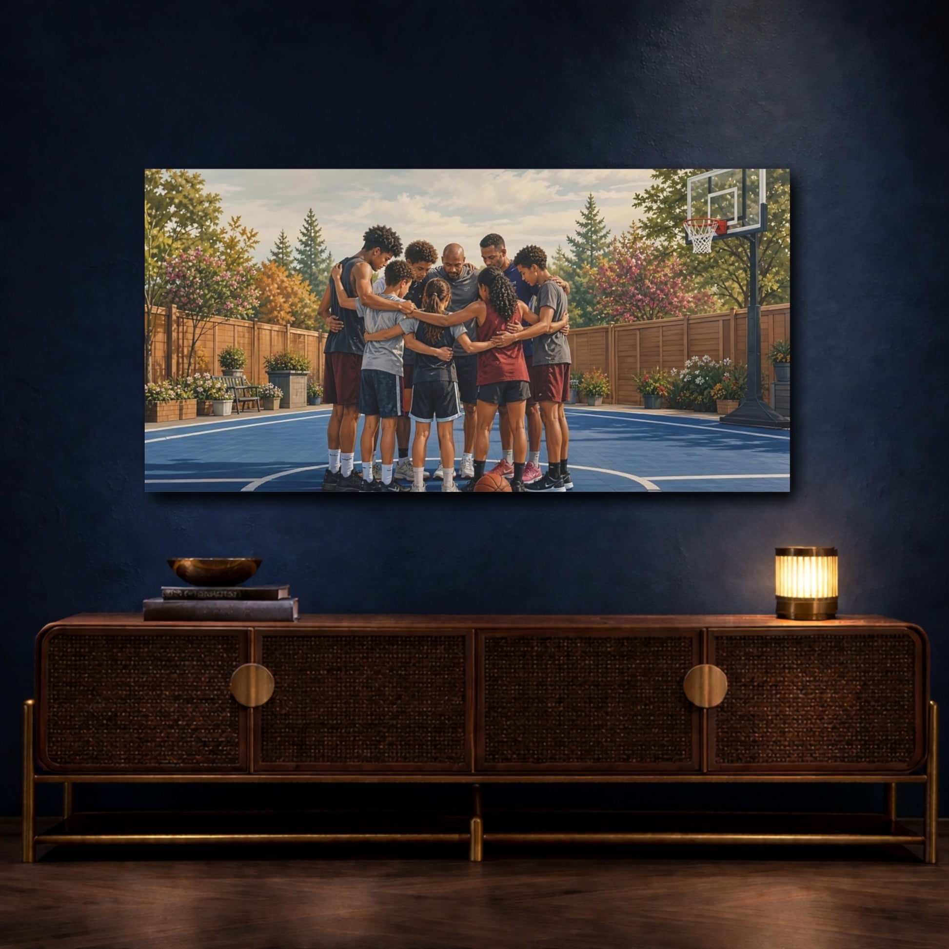 Mockup 4. Pre-Game Team Huddle shown as canvas print