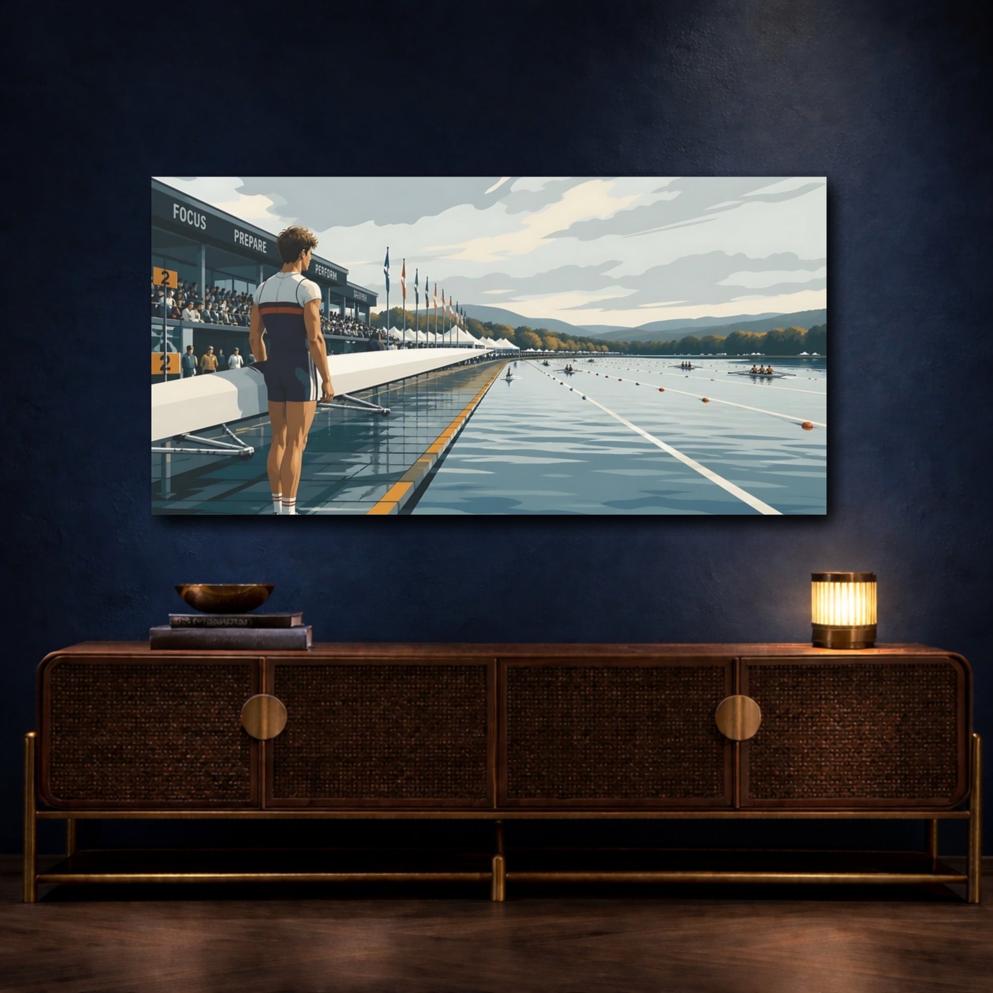 Mockup 4. Pre-Race Rowing Moment shown as canvas print
