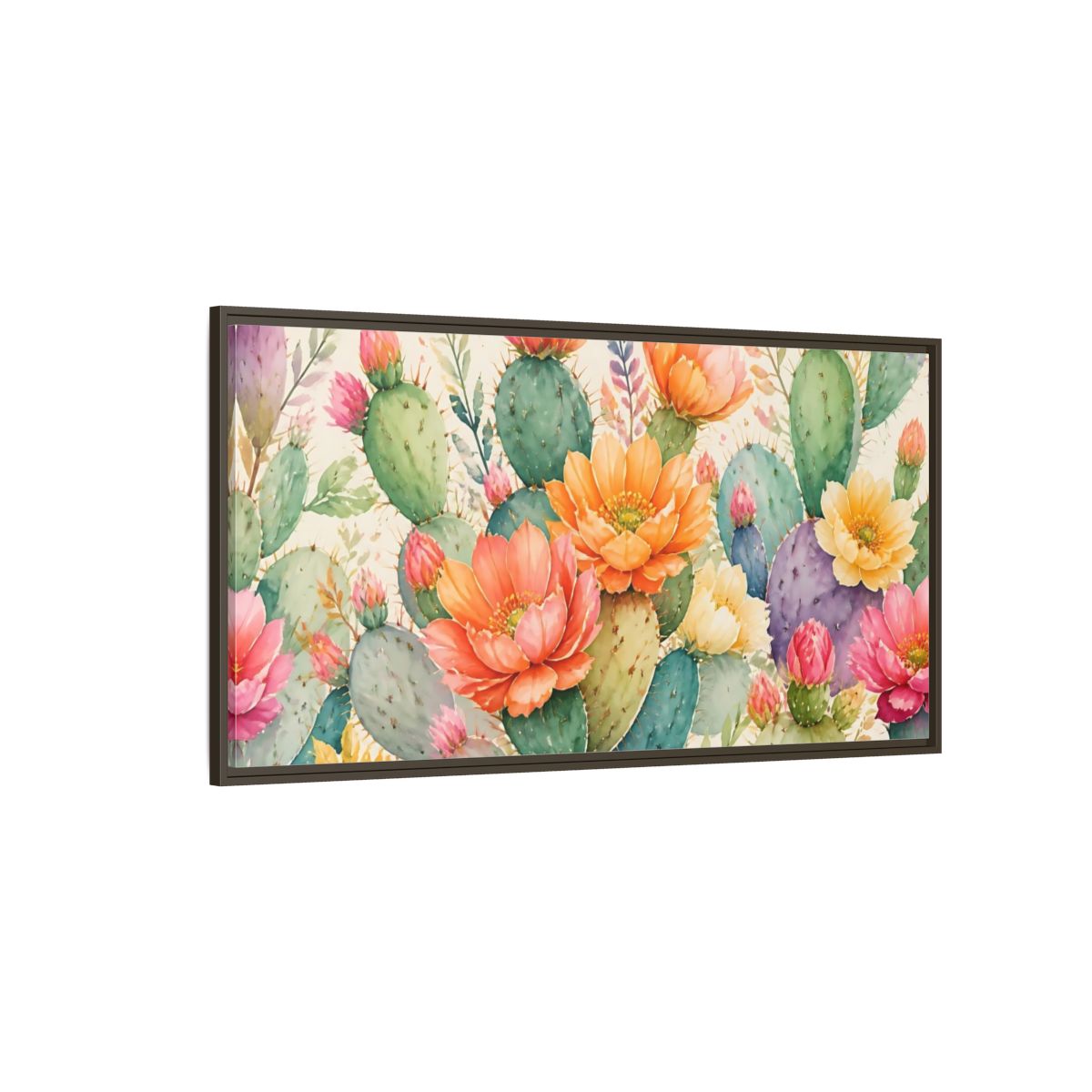 Side Mockup 4. Prickly Pear Cactus Blooms shown as framed canvas print
