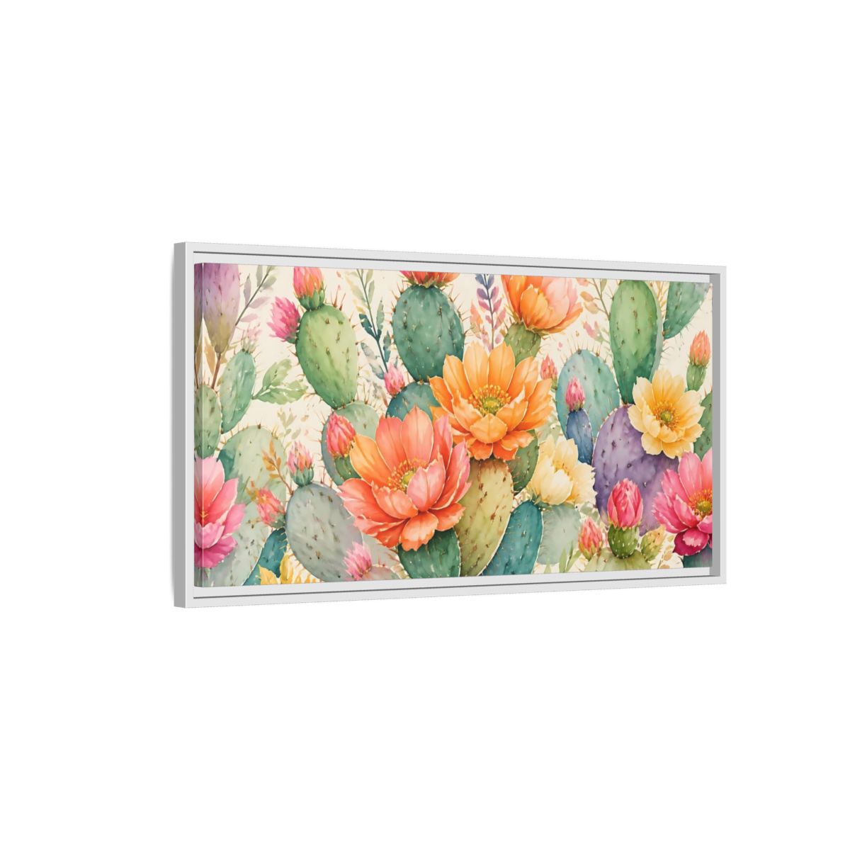 Side Mockup 1. Prickly Pear Cactus Blooms shown as framed canvas print