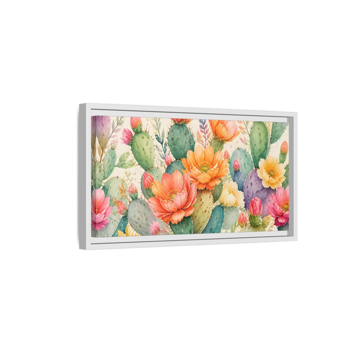 Side Mockup 6. Prickly Pear Cactus Blooms shown as framed canvas print
