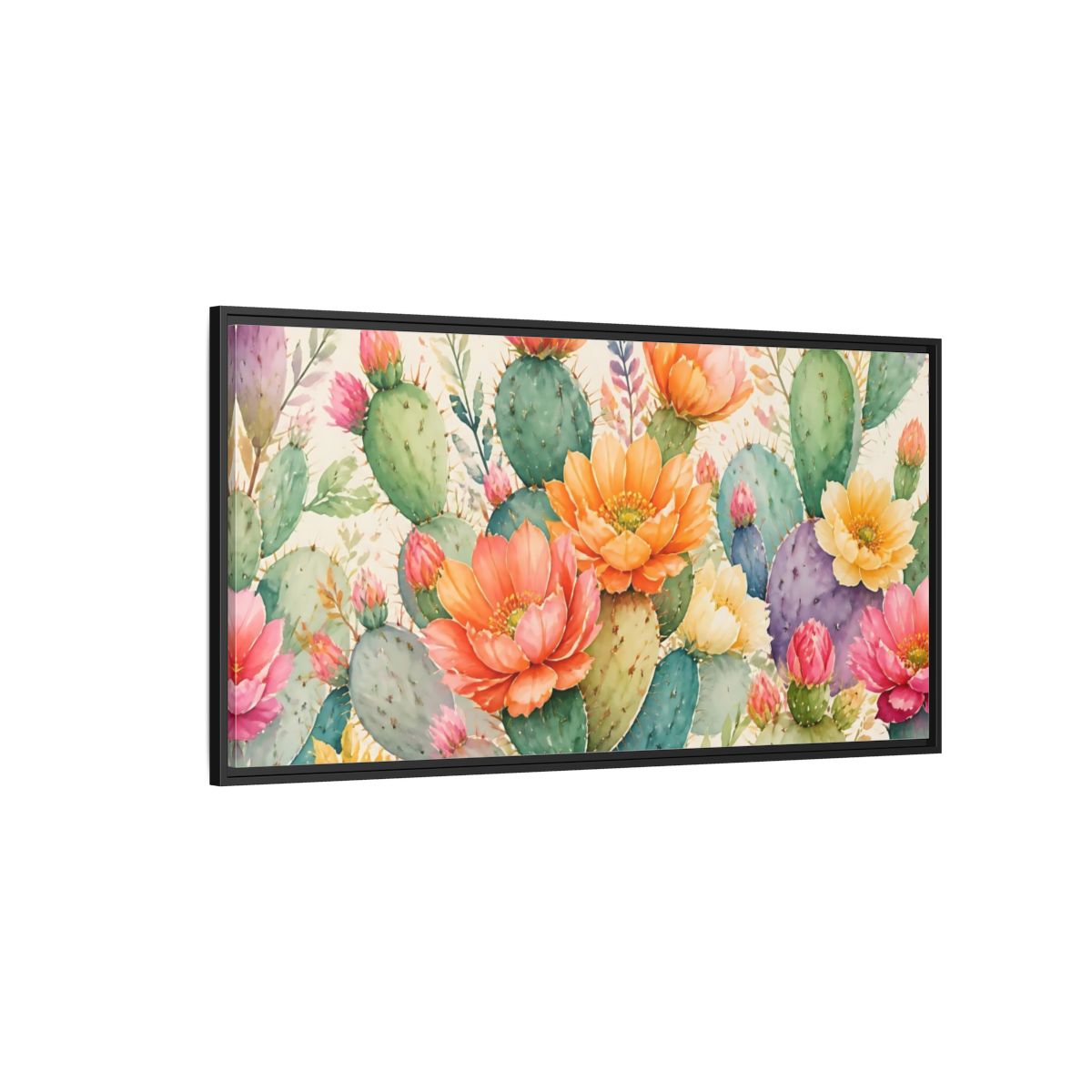 Side Mockup 5. Prickly Pear Cactus Blooms shown as framed canvas print