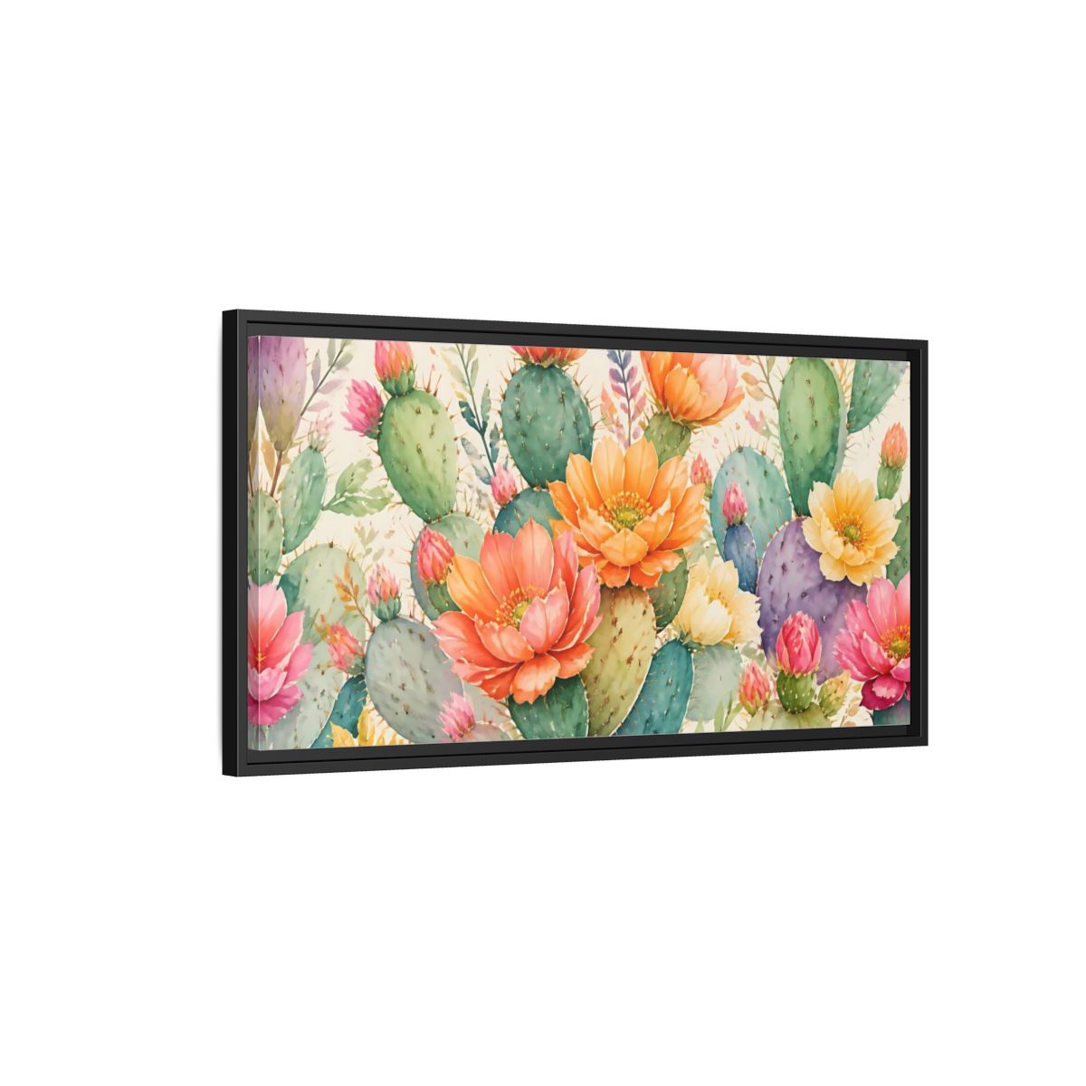 Side Mockup 2. Prickly Pear Cactus Blooms shown as framed canvas print