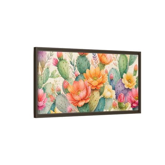 Main Mockup. Prickly Pear Cactus Blooms shown as framed canvas print