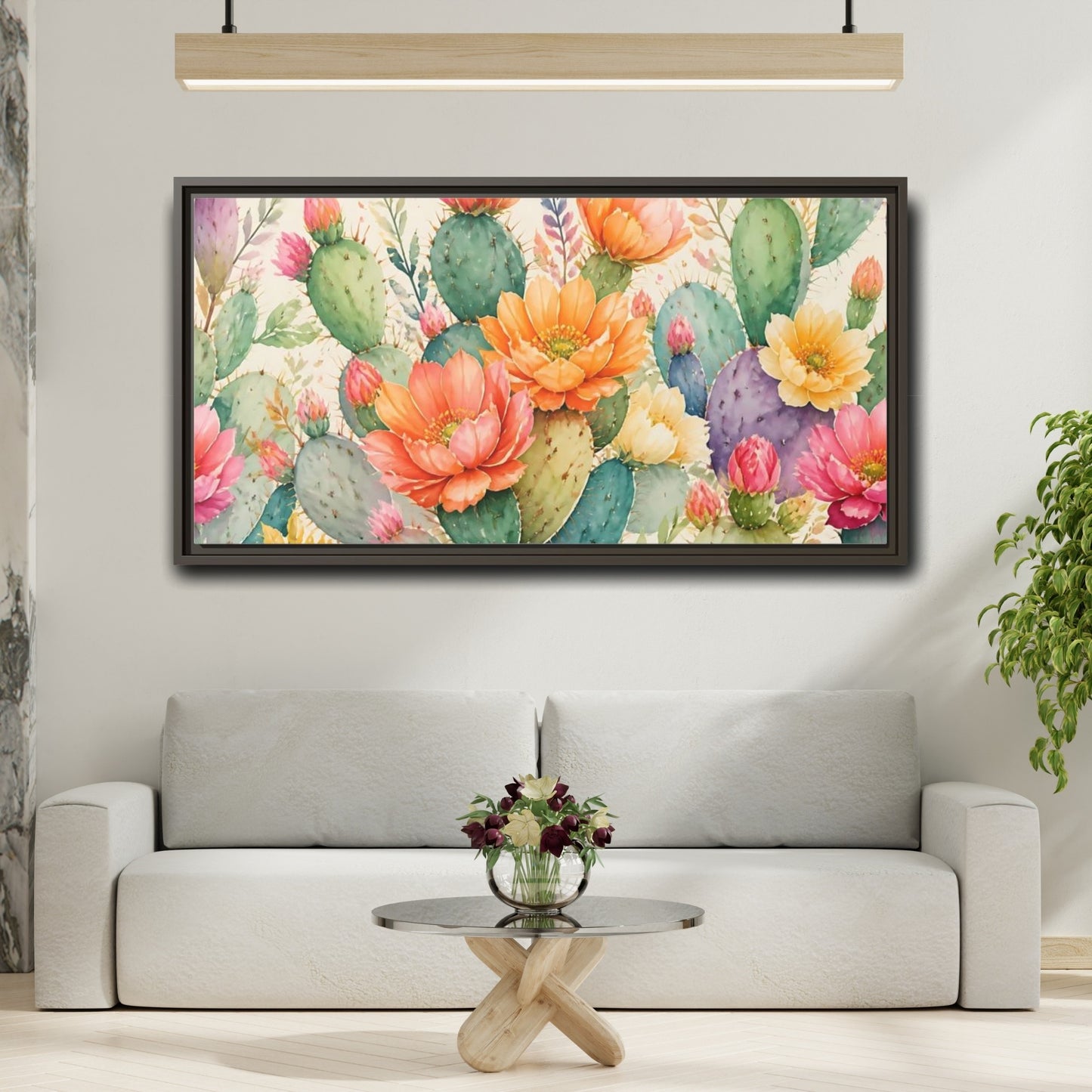 Mockup 2. Prickly Pear Cactus Blooms shown as framed canvas print