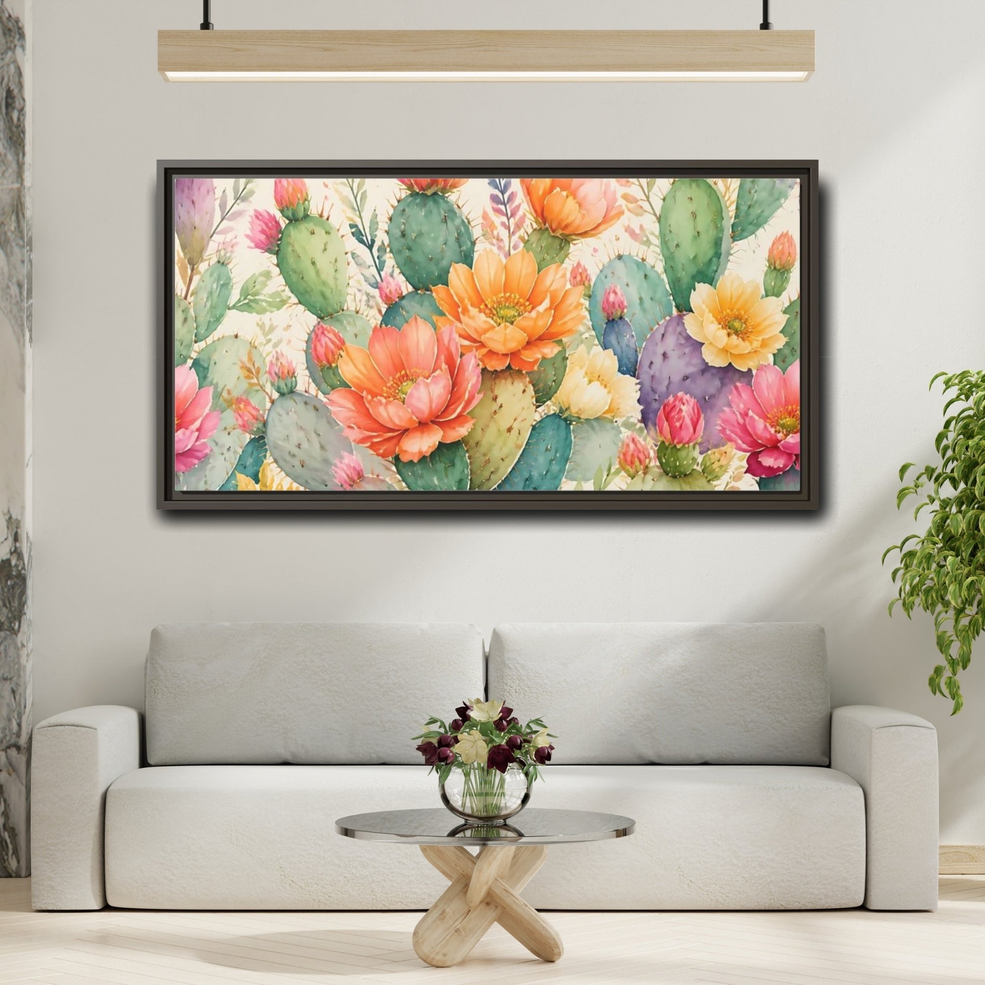 Mockup 2. Prickly Pear Cactus Blooms shown as framed canvas print