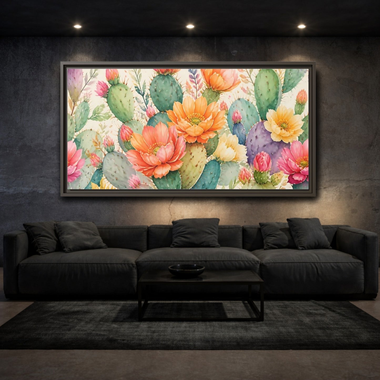 Mockup 3. Prickly Pear Cactus Blooms shown as framed canvas print