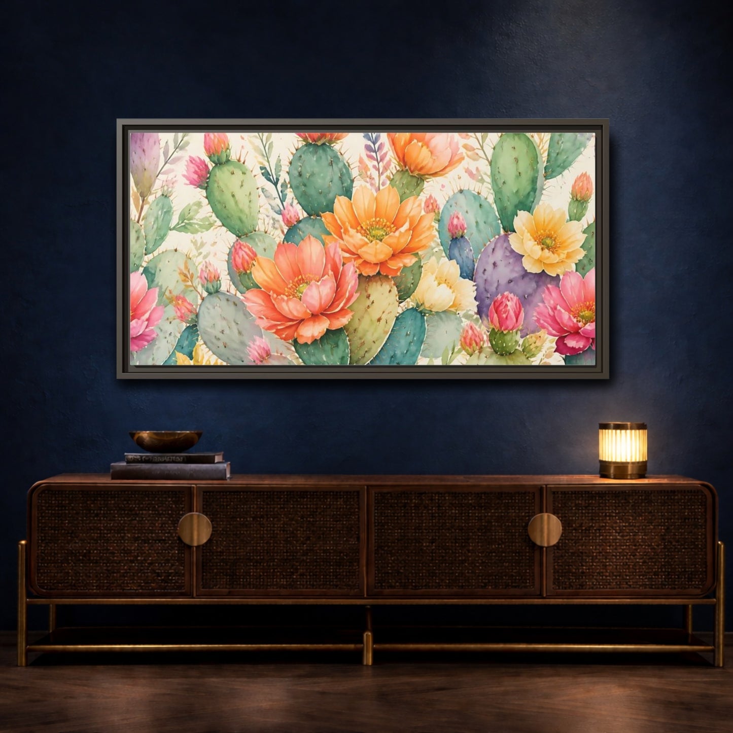 Mockup 4. Prickly Pear Cactus Blooms shown as framed canvas print