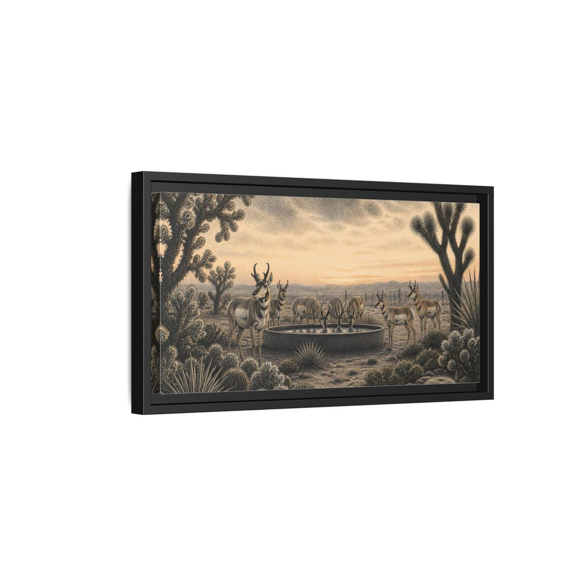 Side Mockup 8. Pronghorns At Twilight shown as framed canvas print