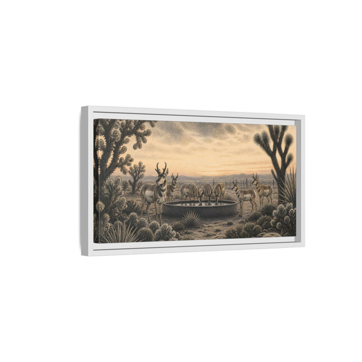 Side Mockup 6. Pronghorns At Twilight shown as framed canvas print