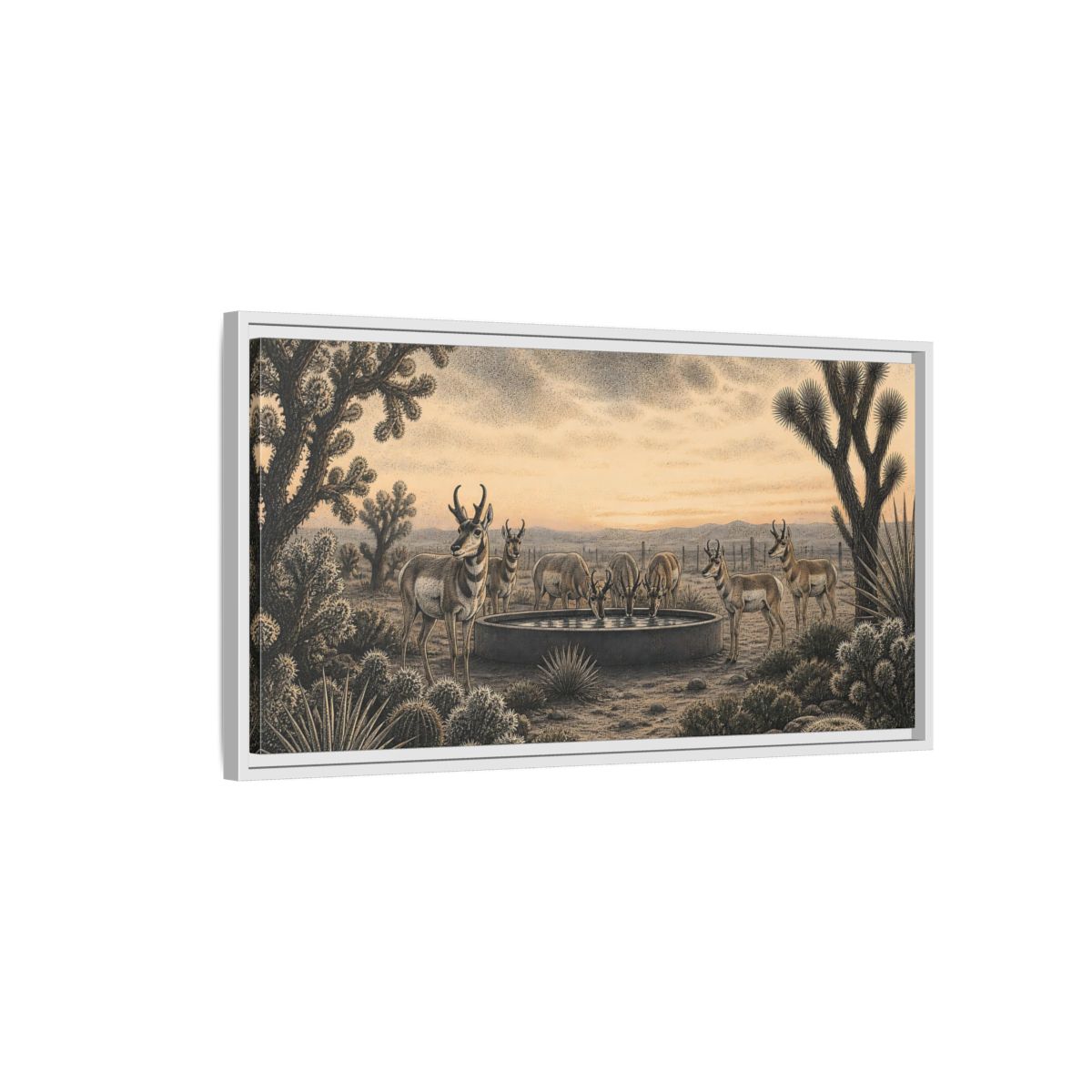 Side Mockup 1. Pronghorns At Twilight shown as framed canvas print