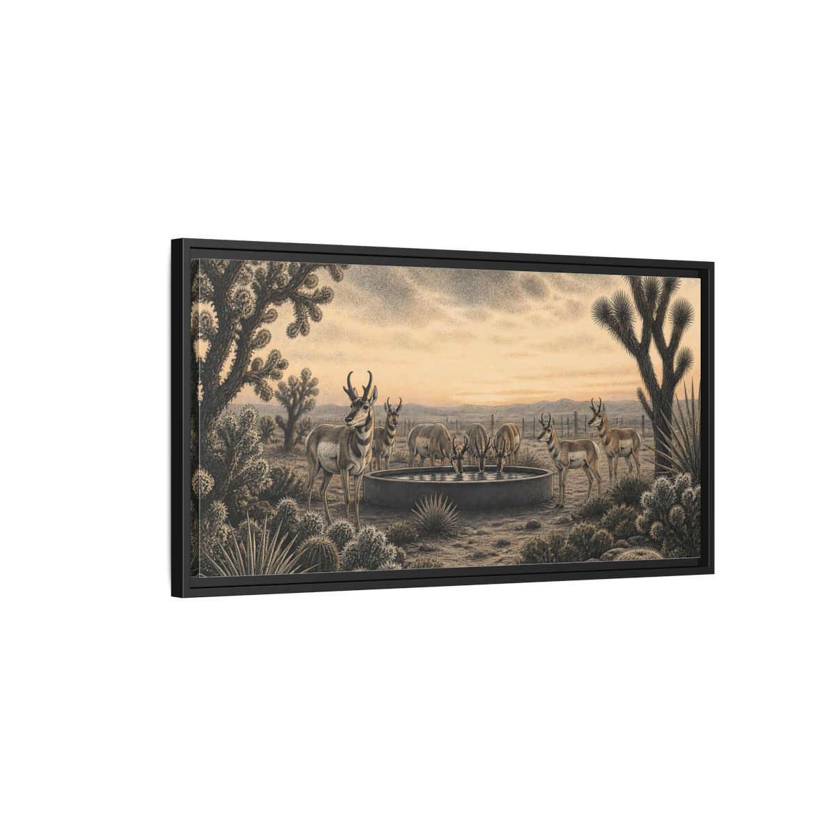 Side Mockup 2. Pronghorns At Twilight shown as framed canvas print