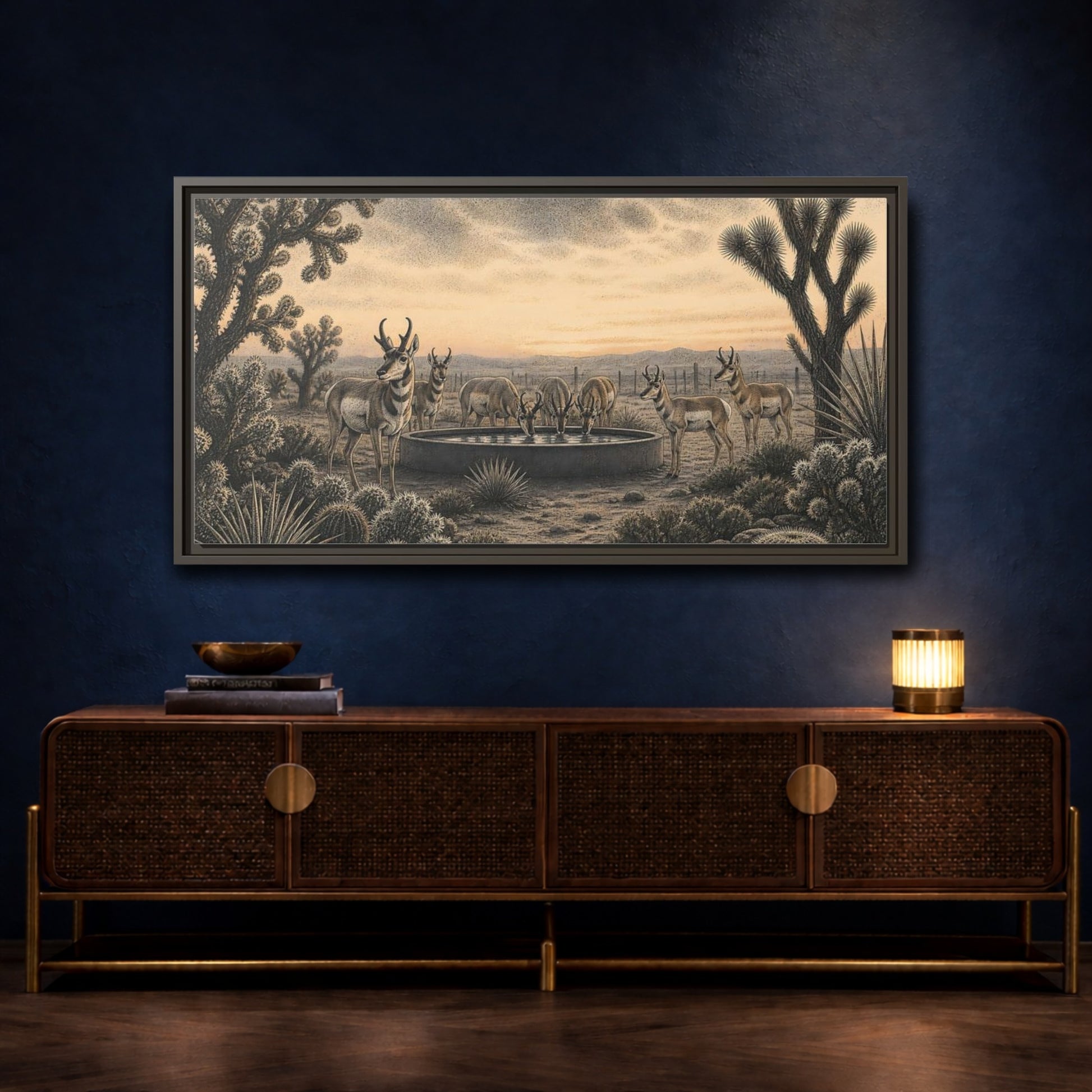 Mockup 4. Pronghorns At Twilight shown as framed canvas print