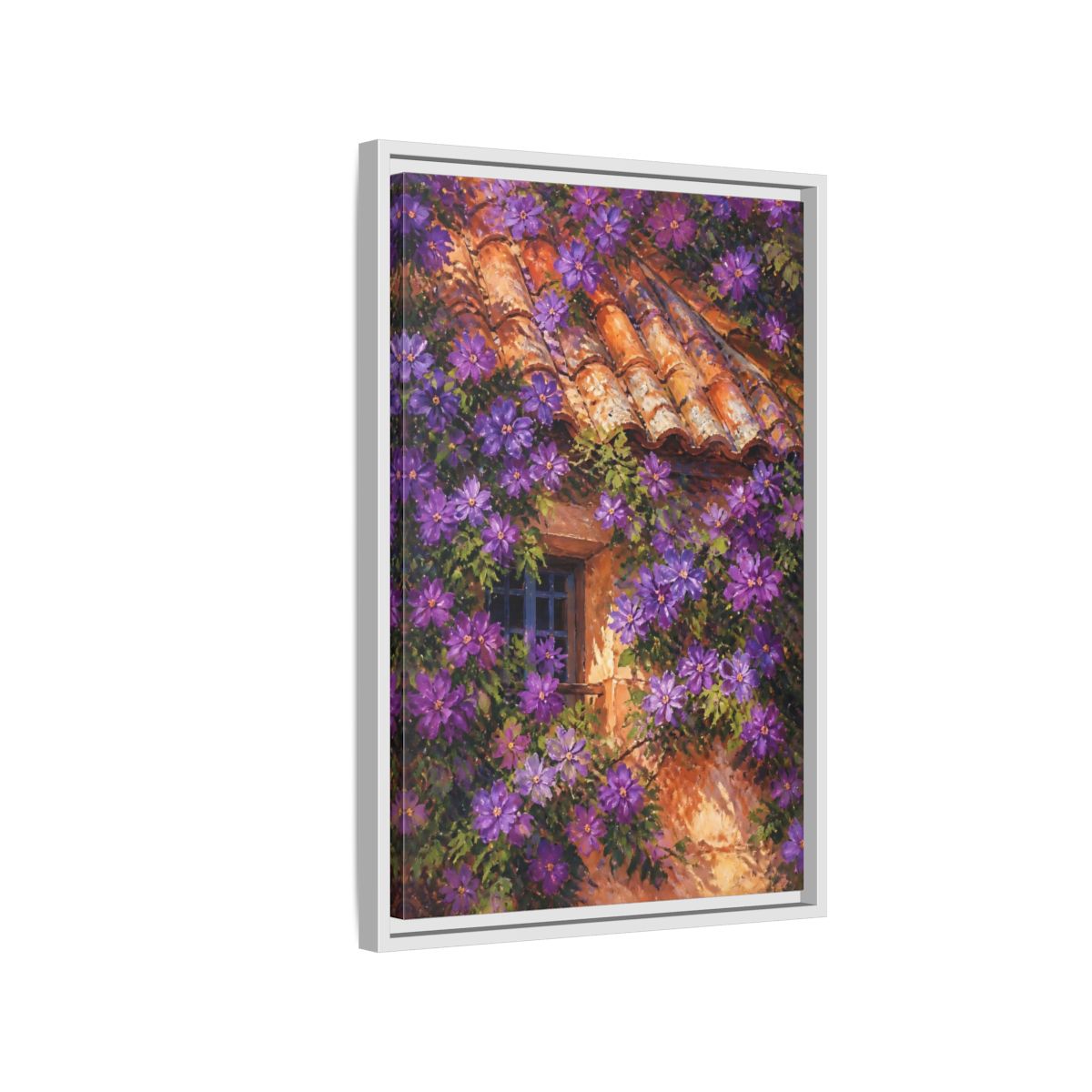 Side Mockup 1. Purple Cottage Vines shown as framed canvas print