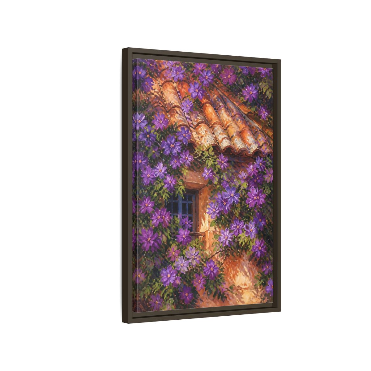 Side Mockup 2. Purple Cottage Vines shown as framed canvas print