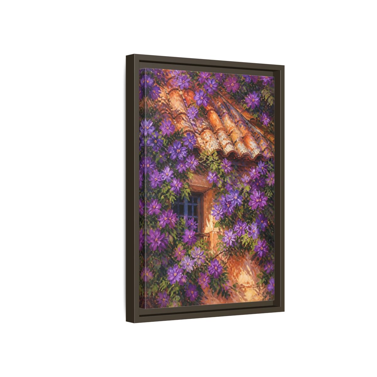 Side Mockup 5. Purple Cottage Vines shown as framed canvas print