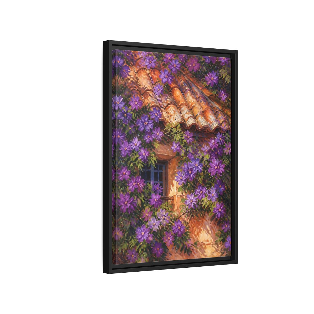 Side Mockup 3. Purple Cottage Vines shown as framed canvas print