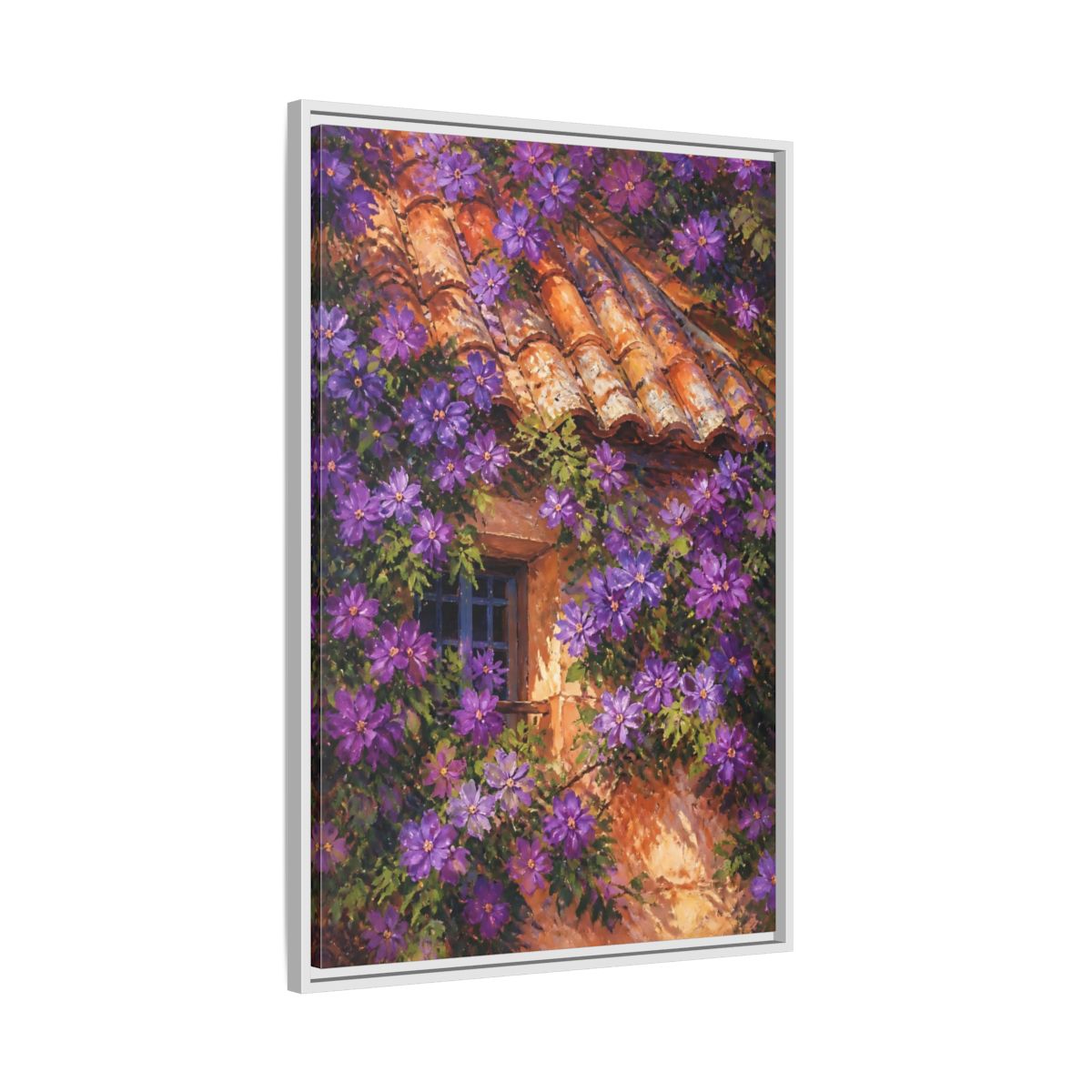 Side Mockup 9. Purple Cottage Vines shown as framed canvas print