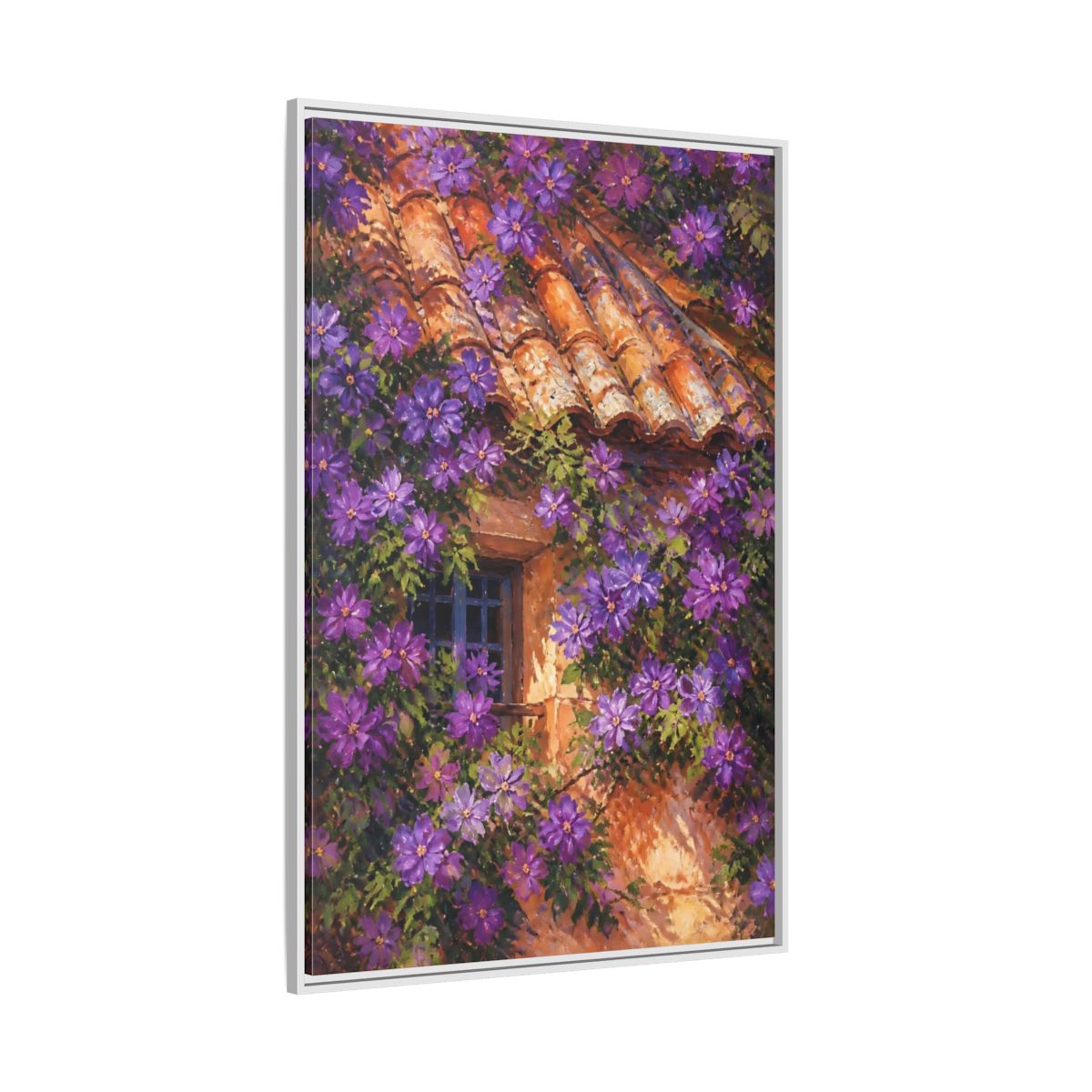 Side Mockup 7. Purple Cottage Vines shown as framed canvas print