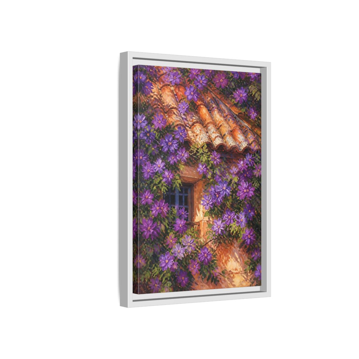 Side Mockup 4. Purple Cottage Vines shown as framed canvas print