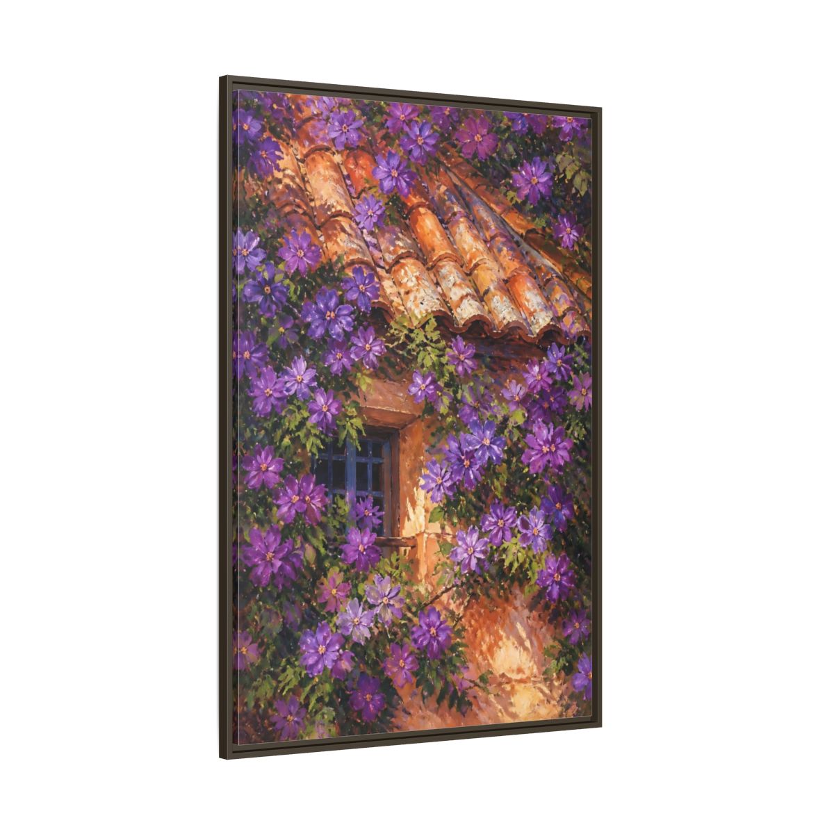 Side Mockup 8. Purple Cottage Vines shown as framed canvas print