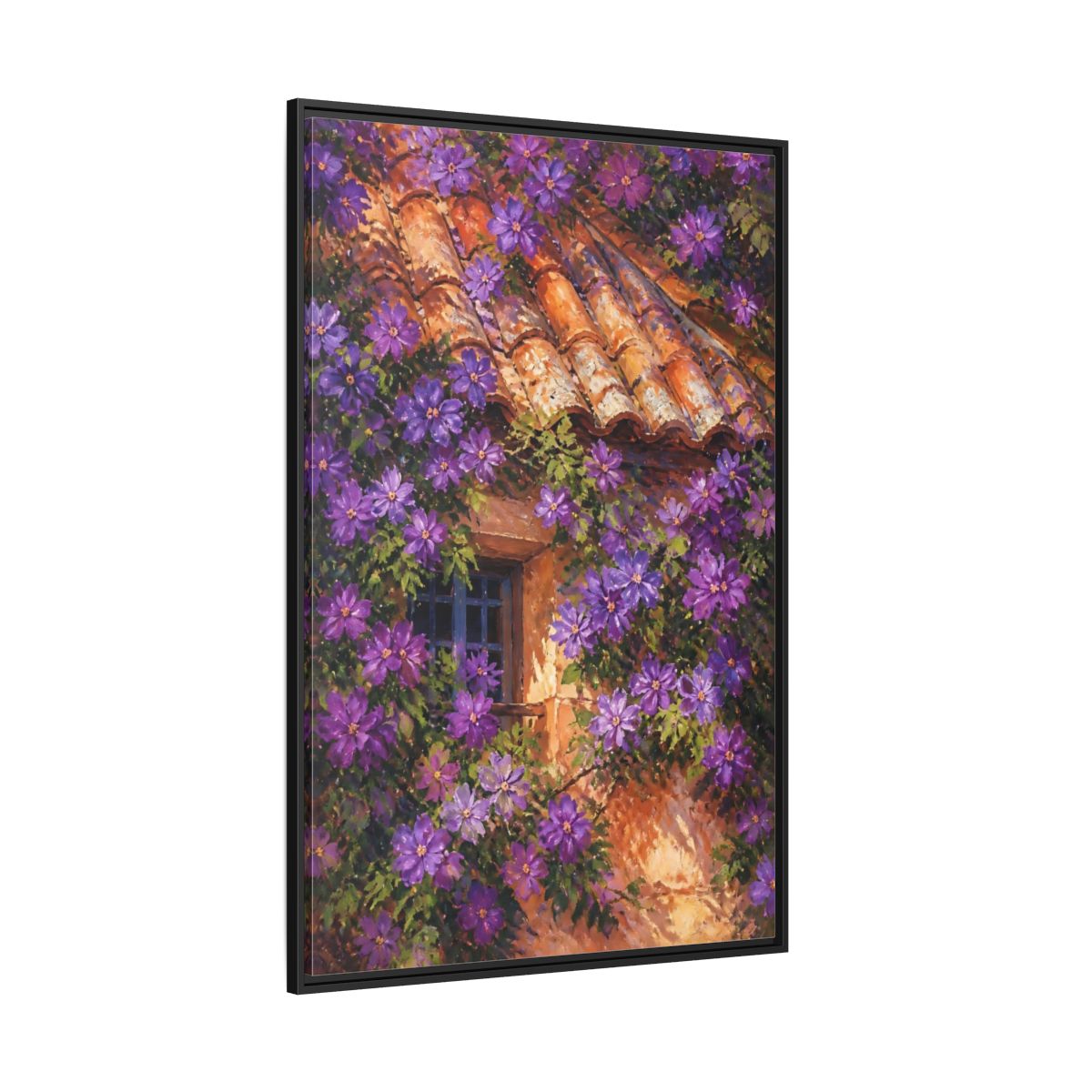 Side Mockup 12. Purple Cottage Vines shown as framed canvas print