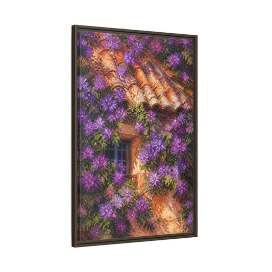 Main Mockup. Purple Cottage Vines shown as framed canvas print