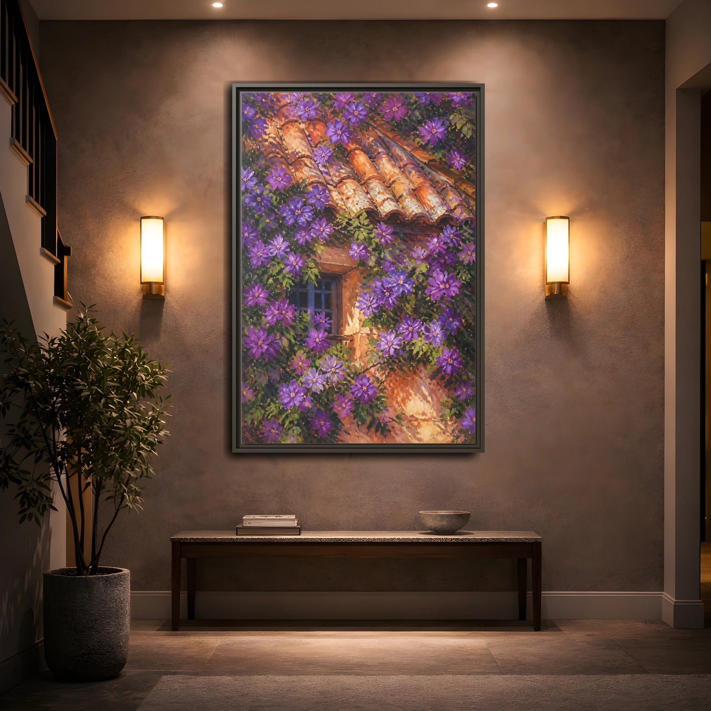 Mockup 2. Purple Cottage Vines shown as framed canvas print