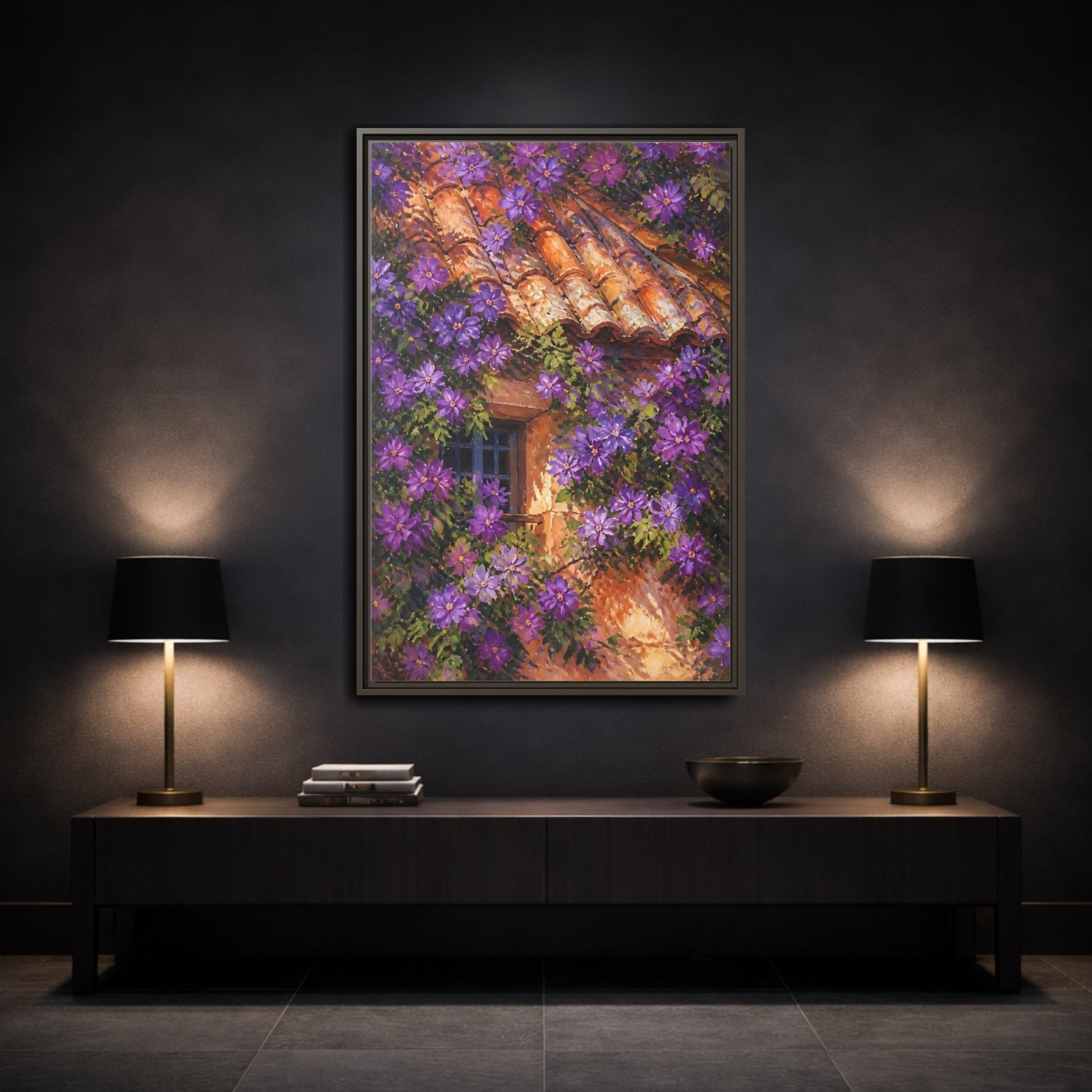 Mockup 3. Purple Cottage Vines shown as framed canvas print