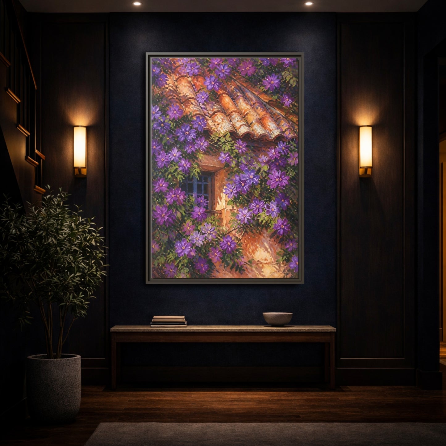 Mockup 4. Purple Cottage Vines shown as framed canvas print