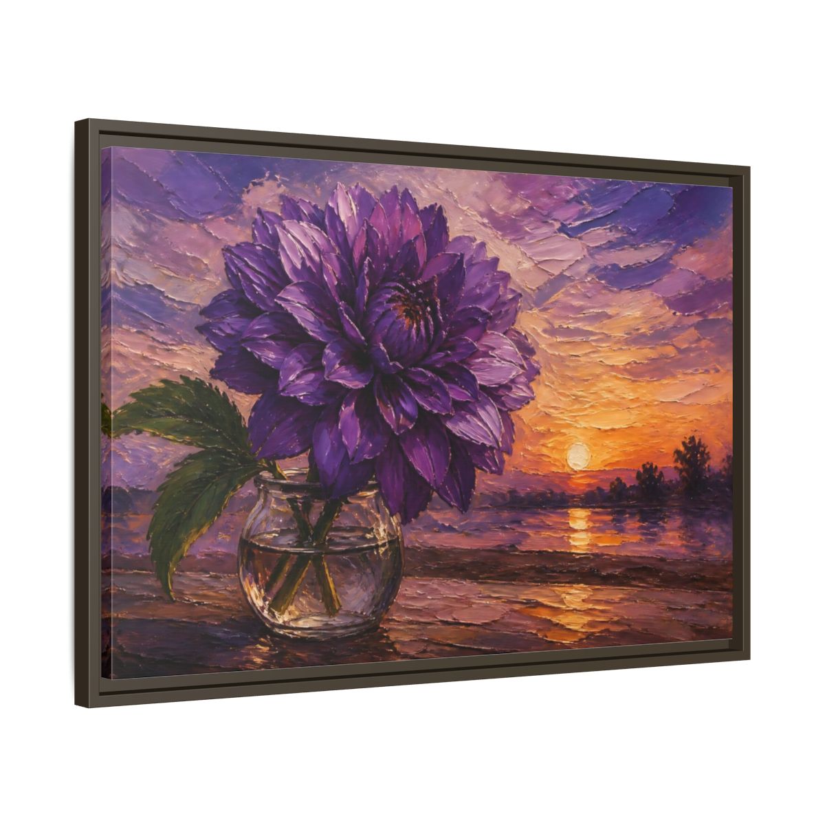 Side Mockup 11. Purple Dahlia Flower At Dusk shown as framed canvas print