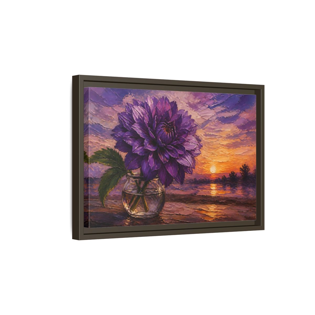 Side Mockup 5. Purple Dahlia Flower At Dusk shown as framed canvas print