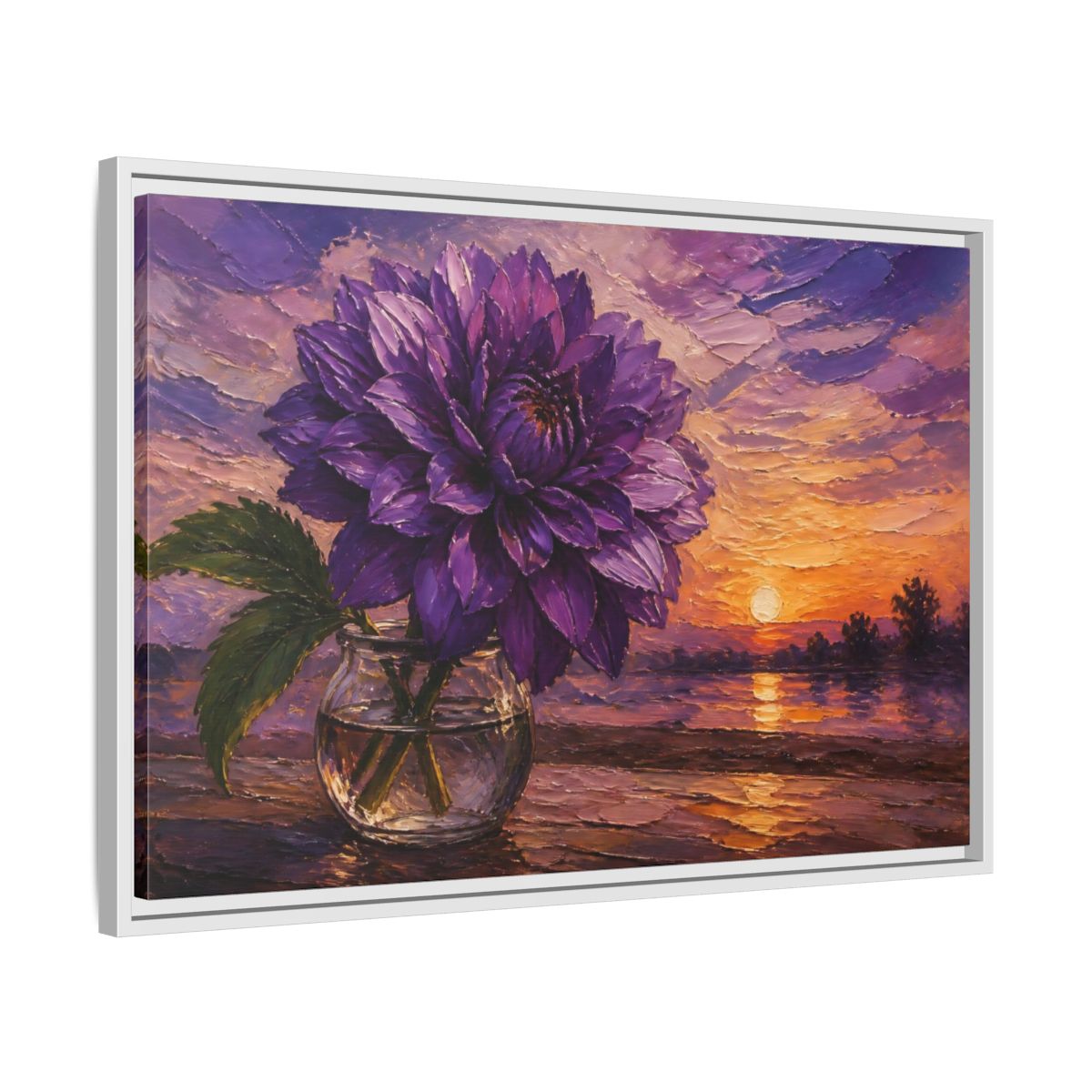 Side Mockup 10. Purple Dahlia Flower At Dusk shown as framed canvas print