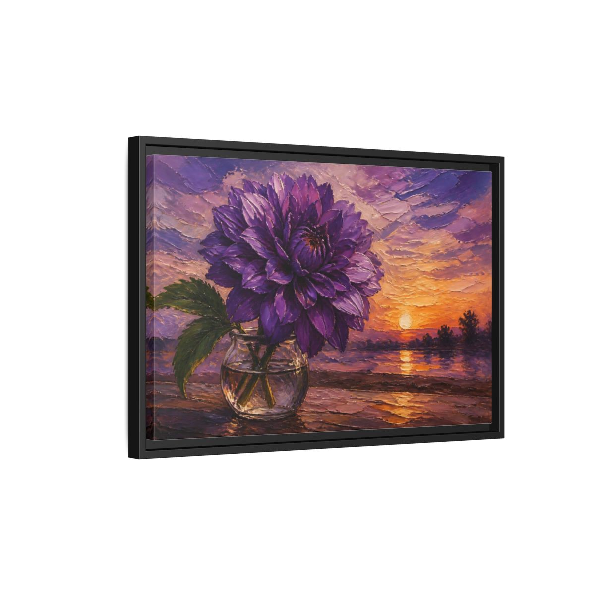 Side Mockup 3. Purple Dahlia Flower At Dusk shown as framed canvas print
