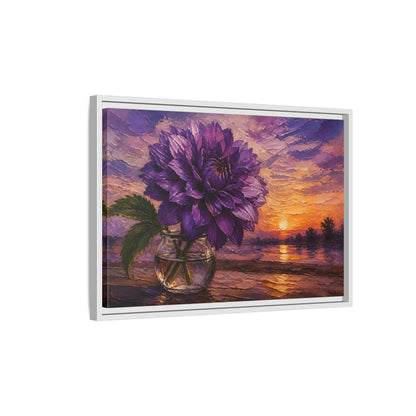 Side Mockup 1. Purple Dahlia Flower At Dusk shown as framed canvas print
