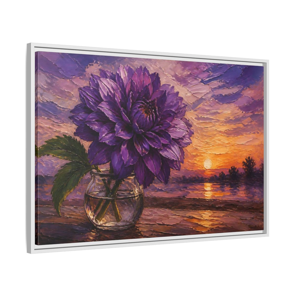 Side Mockup 9. Purple Dahlia Flower At Dusk shown as framed canvas print