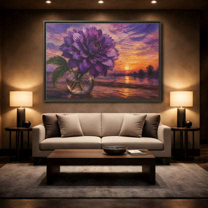 Mockup 2. Purple Dahlia Flower At Dusk shown as framed canvas print